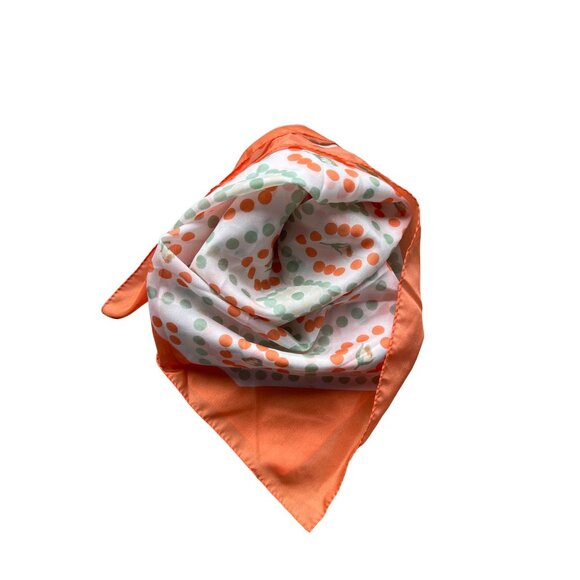 Qiana Polka Dot Square Scarf 26 Inches Orange Green Nylon Italy Hand Wash Vintag - Picture 2 of 5